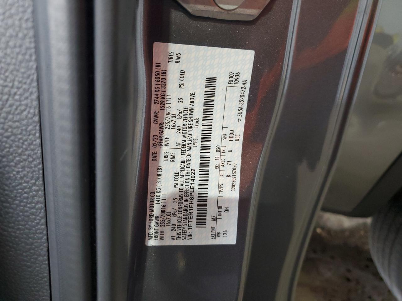 2023 FORD RANGER XL VIN:1FTER1FH8PLE14022