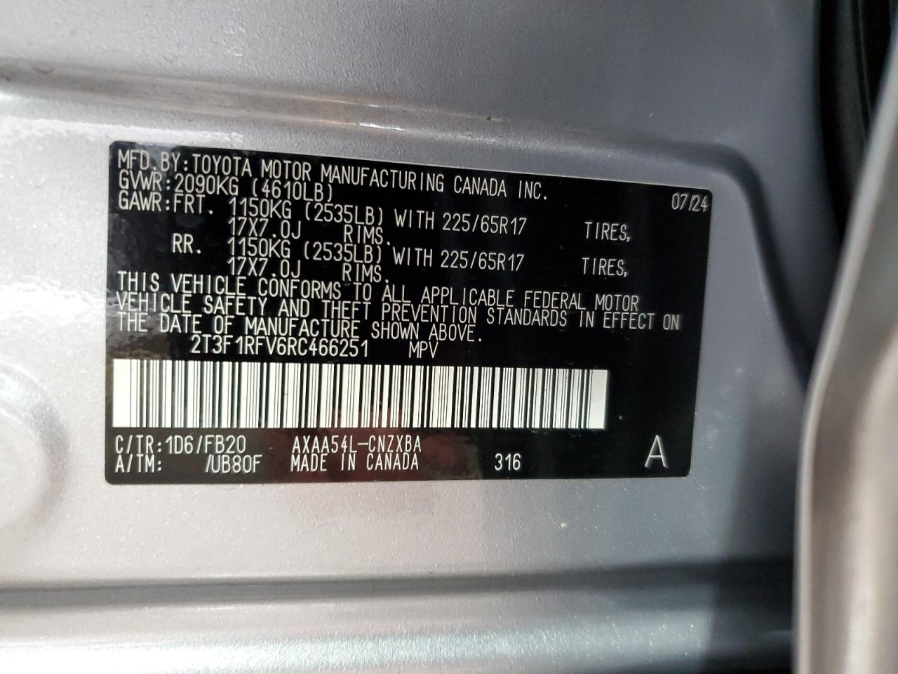 2024 TOYOTA RAV4 LE VIN:2T3F1RFV6RC466251