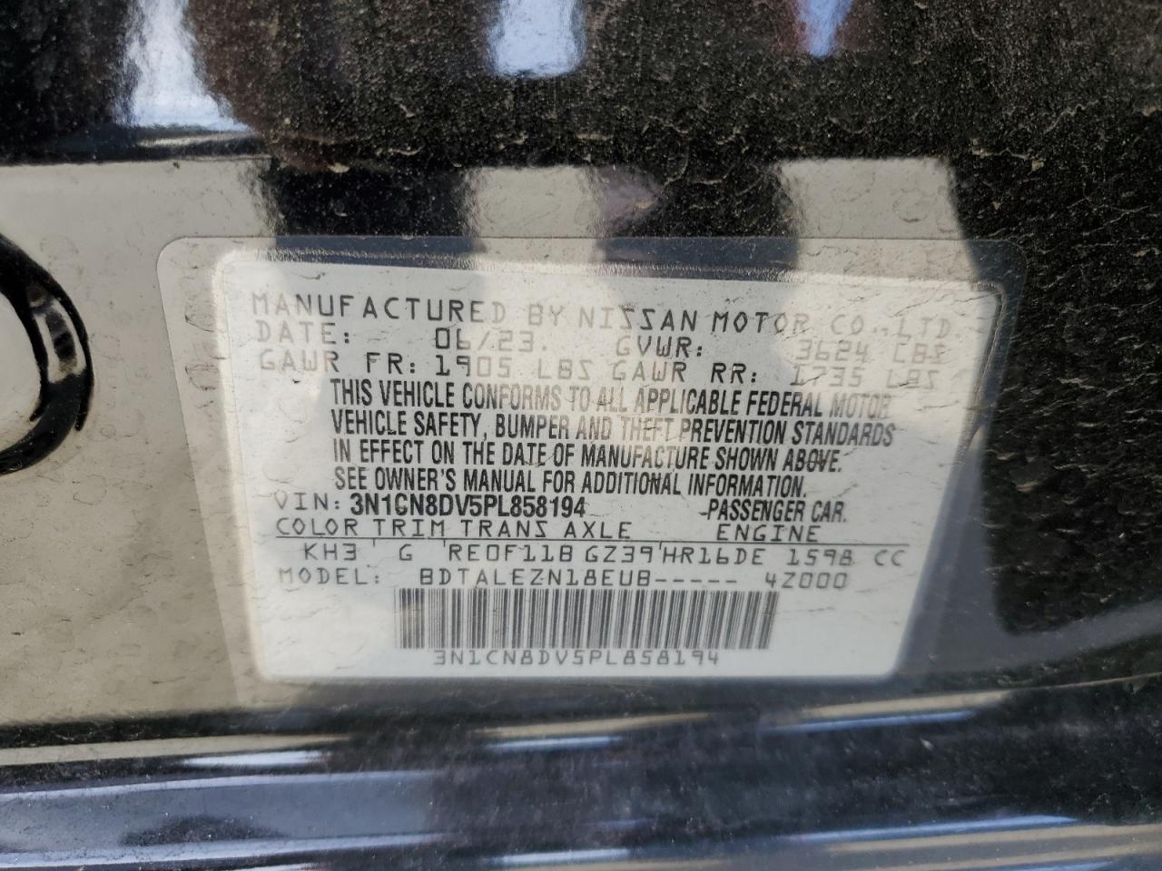 2023 NISSAN VERSA S VIN:3N1CN8DV5PL858194