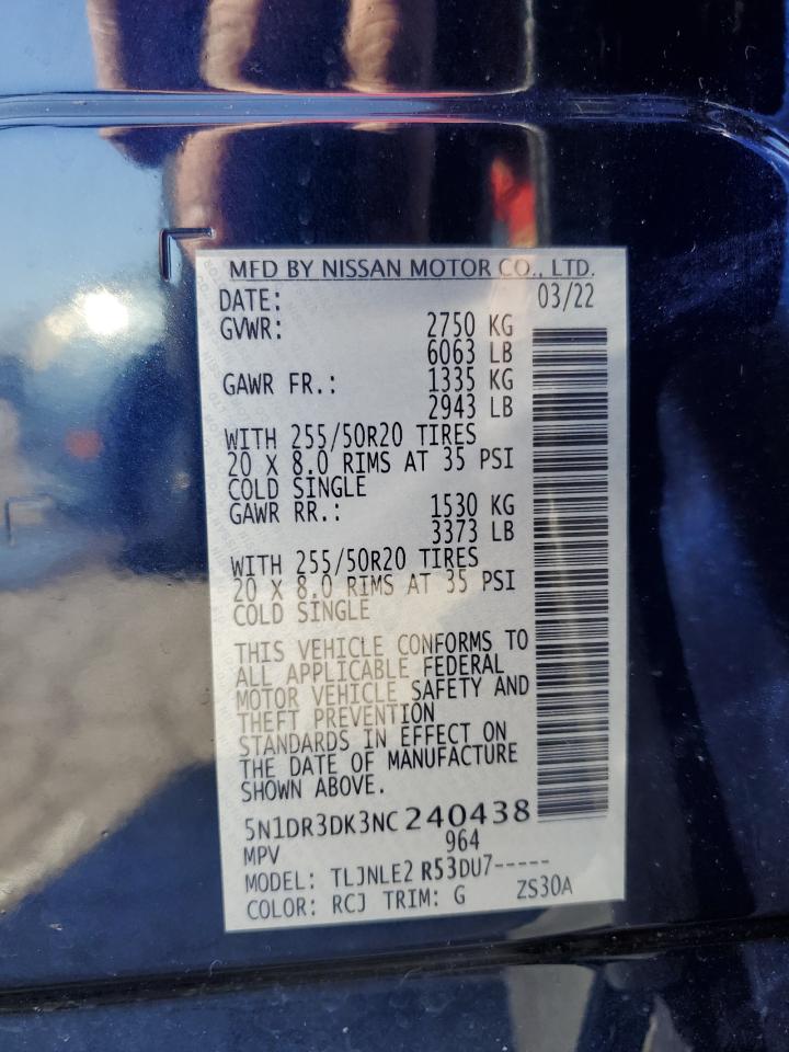 2022 NISSAN PATHFINDER PLATINUM VIN:5N1DR3DK3NC240438