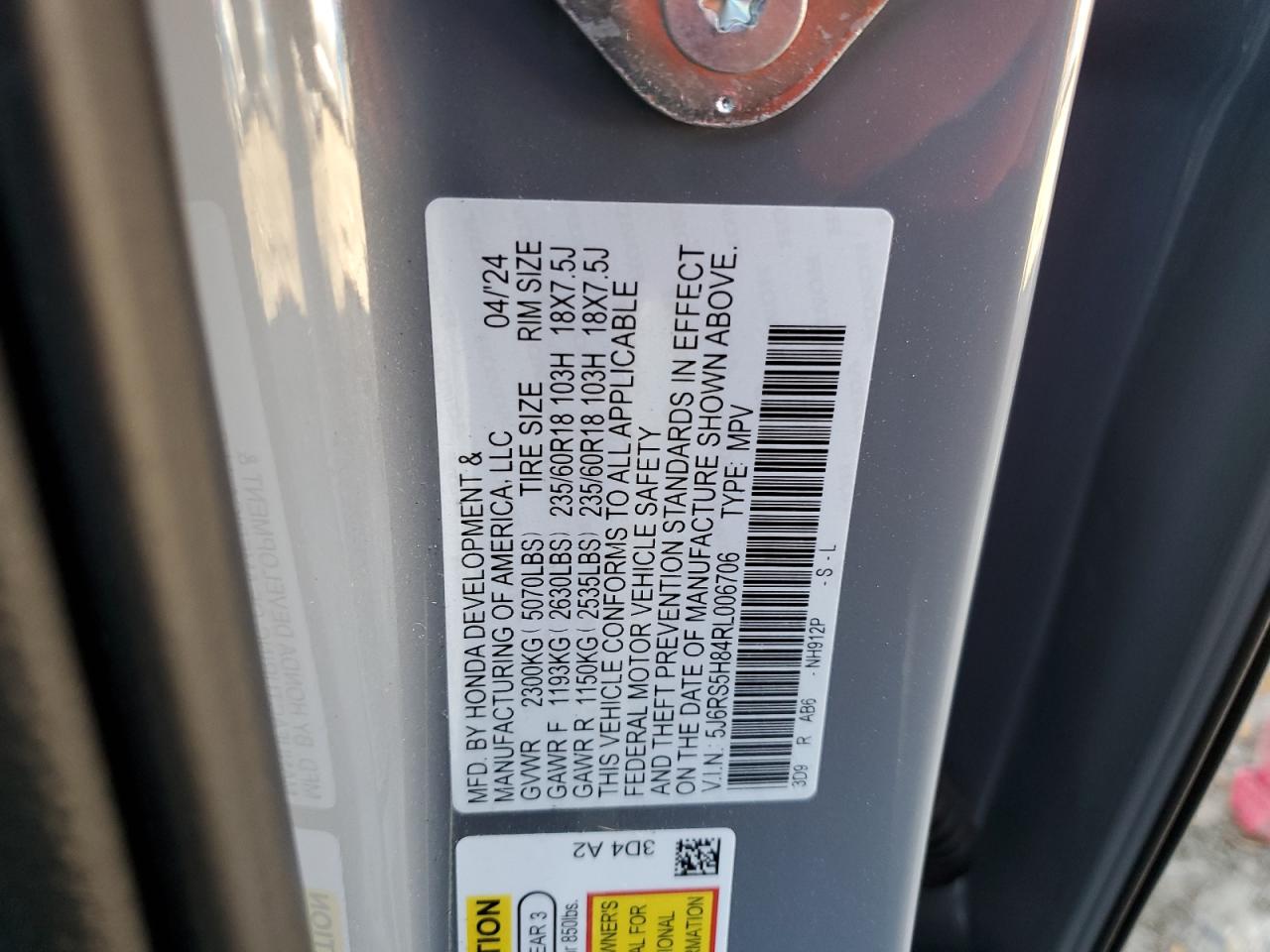 2024 HONDA CR-V SPORT-L VIN:5J6RS5H84RL006706