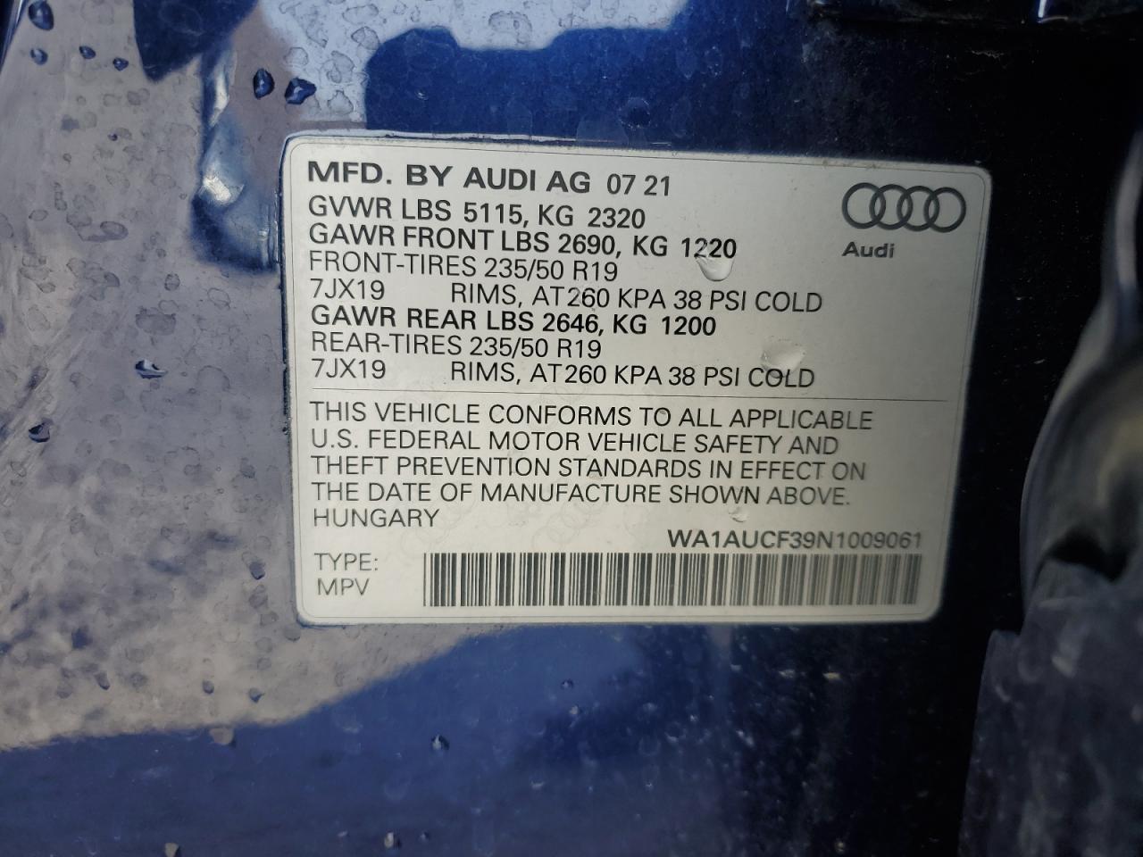 2022 AUDI Q3 PREMIUM 40 VIN:WA1AUCF39N1009061