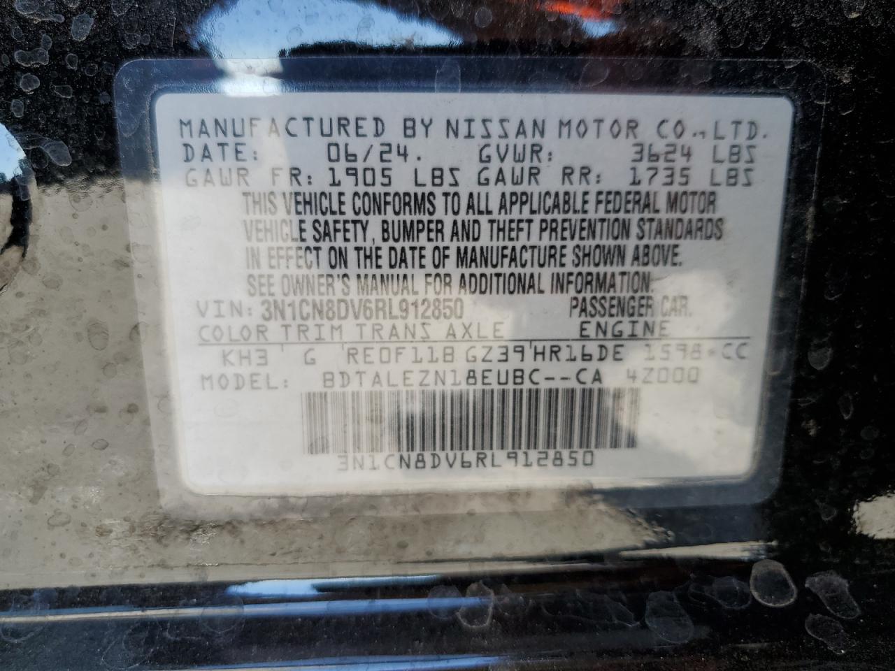 2024 NISSAN VERSA S VIN:3N1CN8DV6RL912850