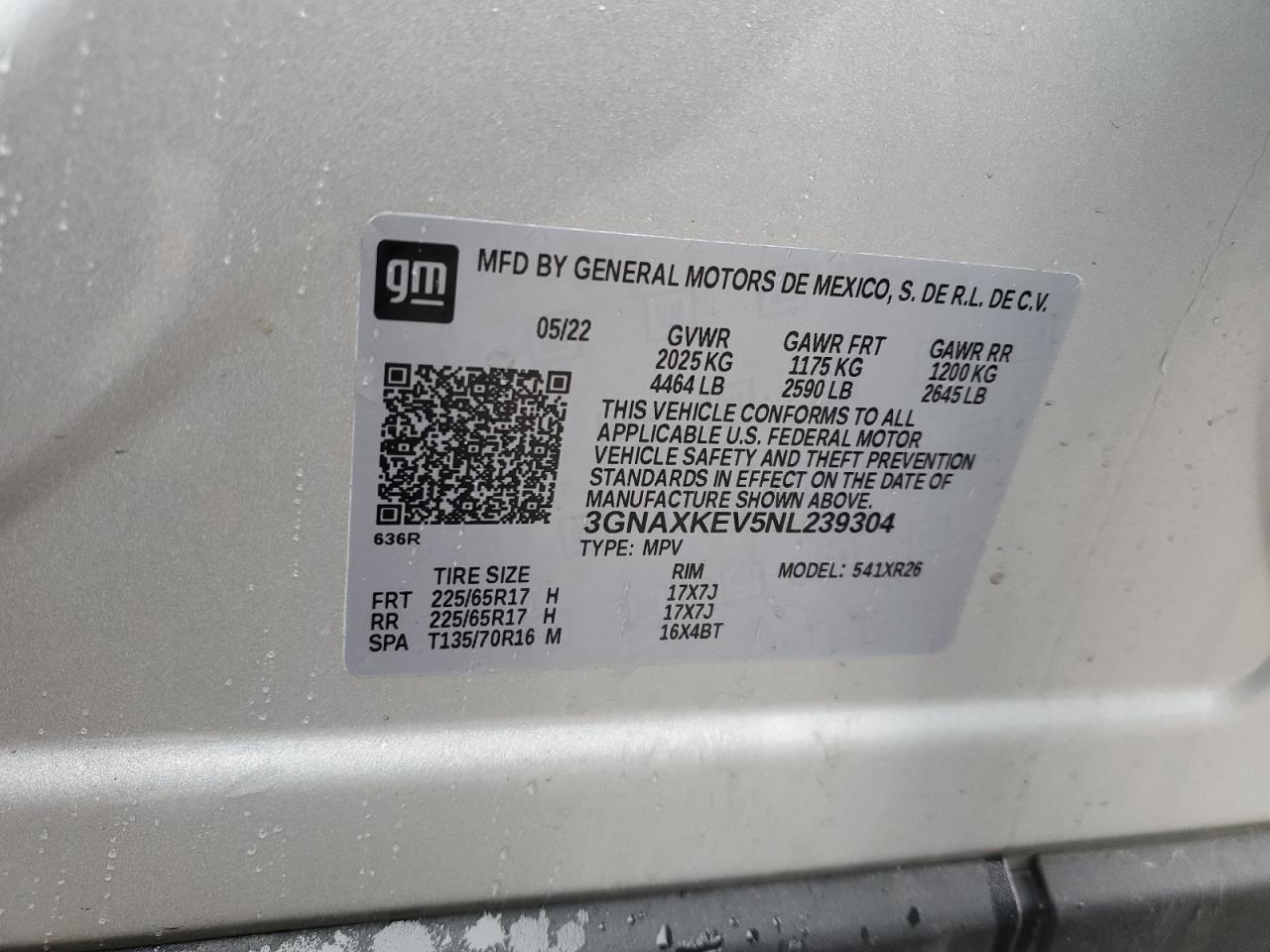 2022 CHEVROLET EQUINOX LT VIN:3GNAXKEV5NL239304