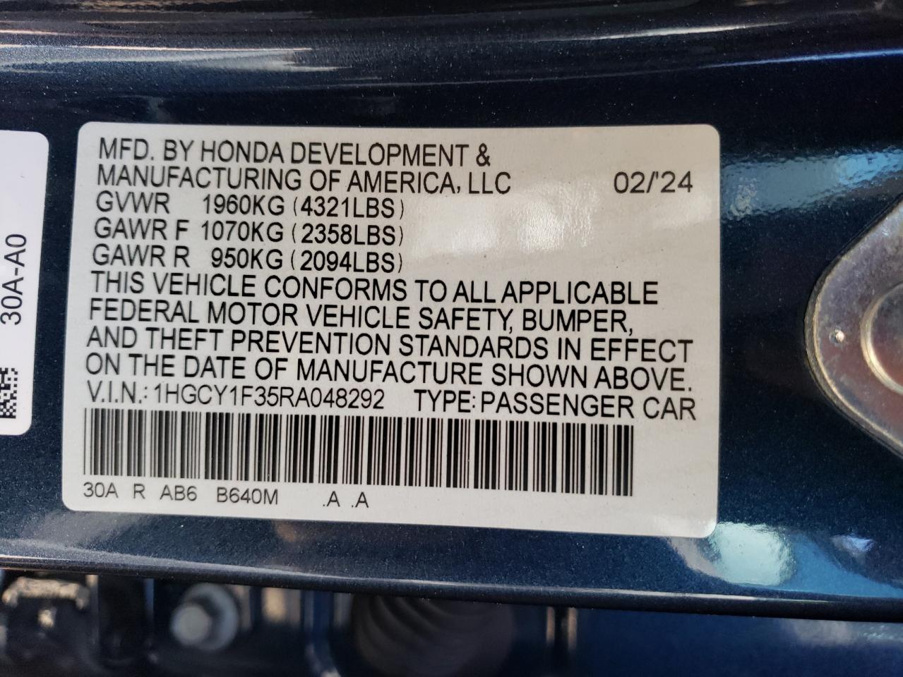2024 HONDA ACCORD EX VIN:1HGCY1F35RA048292