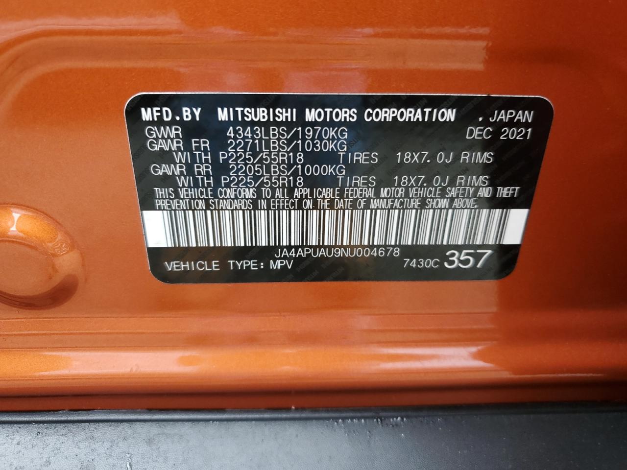 2022 MITSUBISHI OUTLANDER SPORT ES VIN:JA4APUAU9NU004678