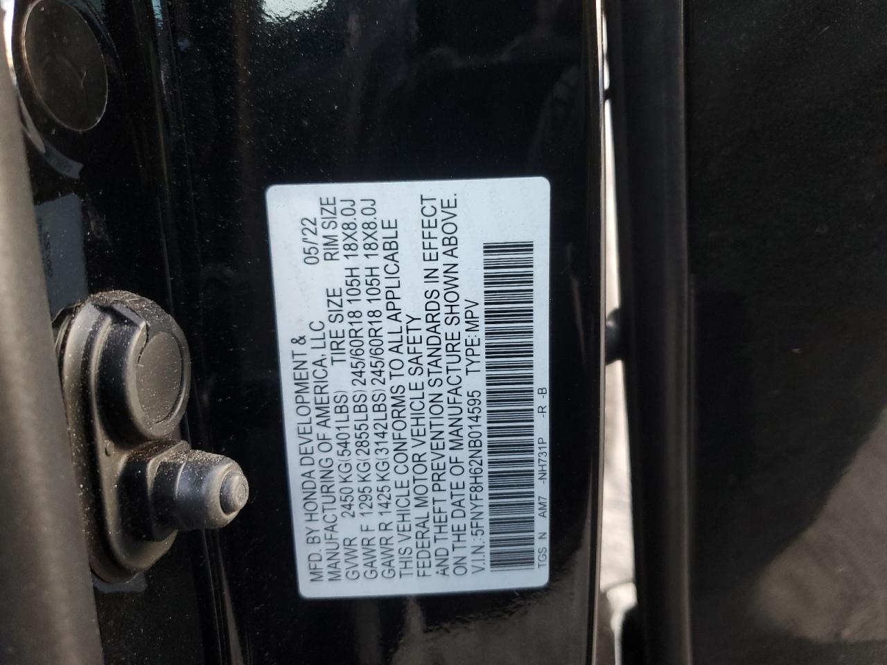 2022 HONDA PASSPORT TRAIL SPORT VIN:5FNYF8H62NB014595