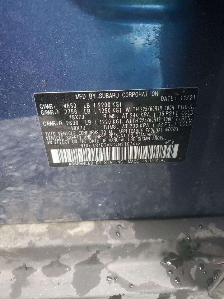 2022 SUBARU OUTBACK LIMITED VIN:4S4BTANC7N3167448