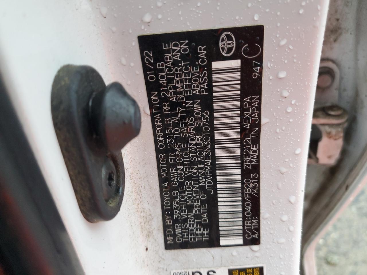 2022 TOYOTA COROLLA LE VIN:JTDVPMAE3N3010756