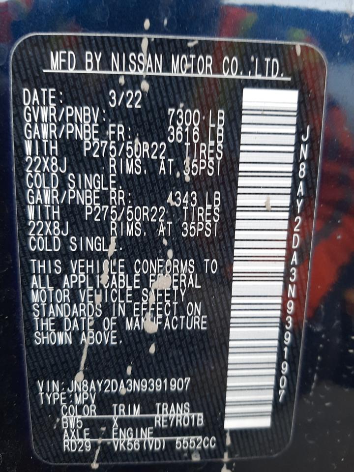 2022 NISSAN ARMADA PLATINUM VIN:JN8AY2DA3N9391907