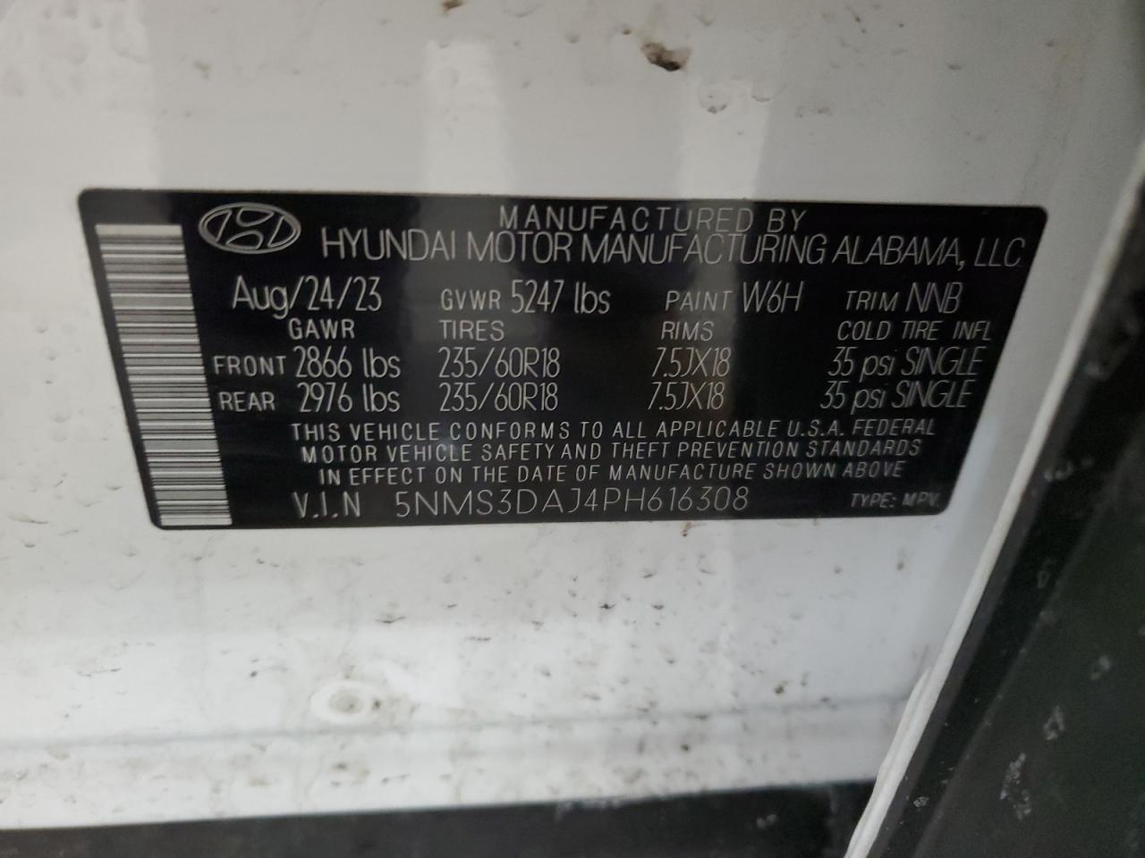 2023 HYUNDAI SANTA FE SEL PREMIUM VIN:5NMS3DAJ4PH616308