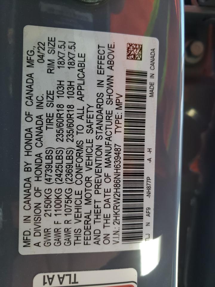 2022 HONDA CR-V EXL VIN:2HKRW2H86NH639487