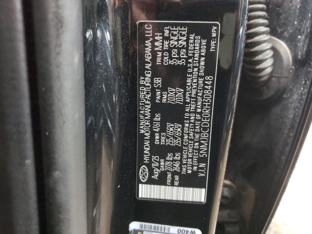 2024 HYUNDAI TUCSON SEL VIN:5NMJBCDE0RH308448