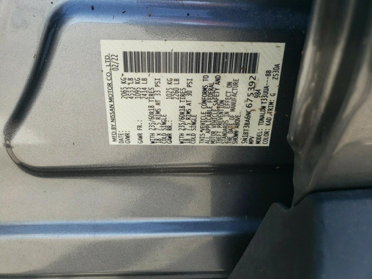 2022 NISSAN ROGUE SV VIN:5N1BT3BA6NC675392