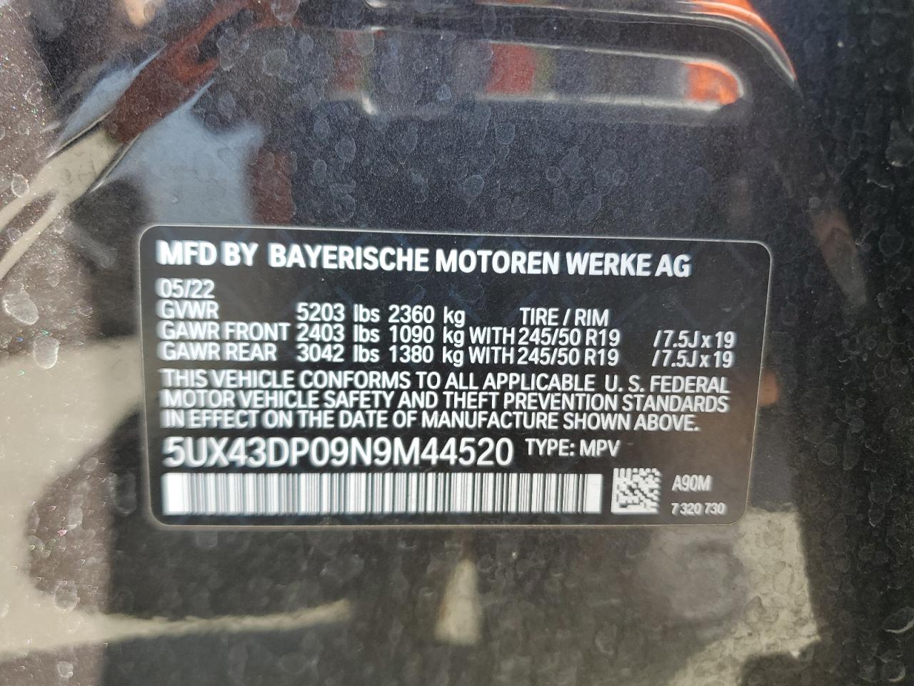 2022 BMW X3 SDRIVE30I VIN:5UX43DP09N9M44520