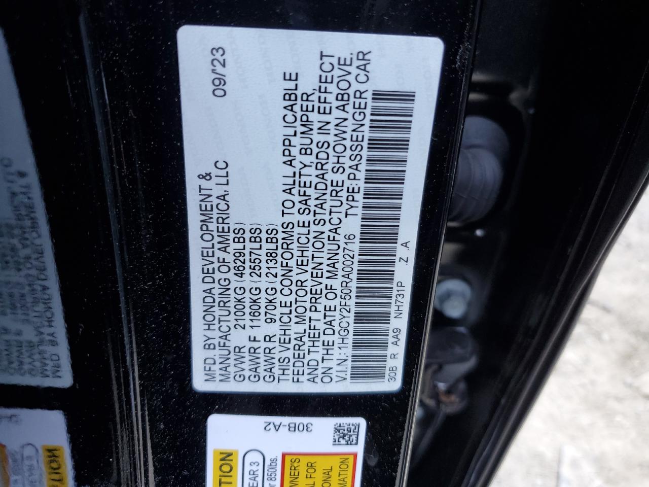 2024 HONDA ACCORD HYBRID SPORT VIN:1HGCY2F50RA002716