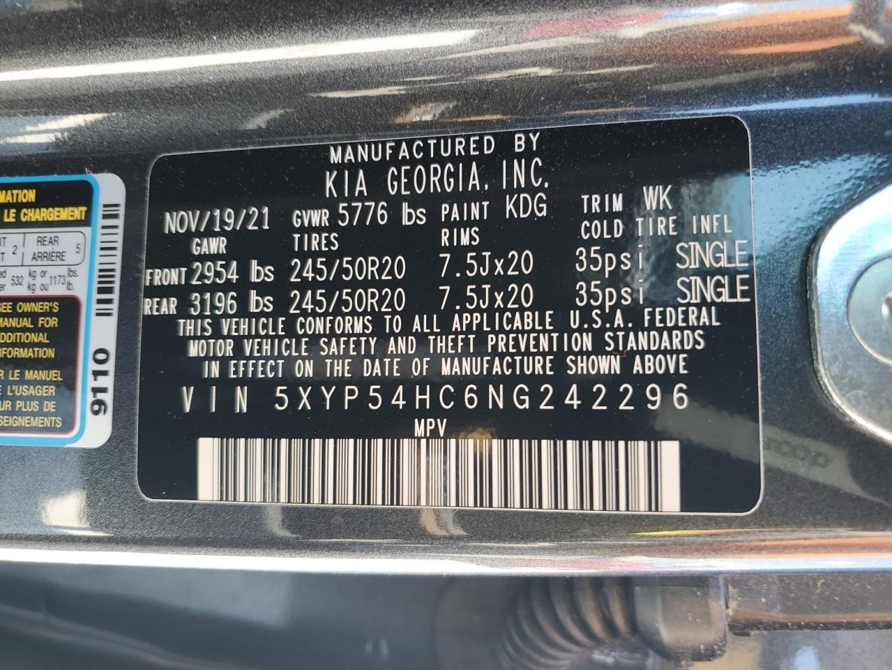 2022 KIA TELLURIDE SX VIN:5XYP54HC6NG242296