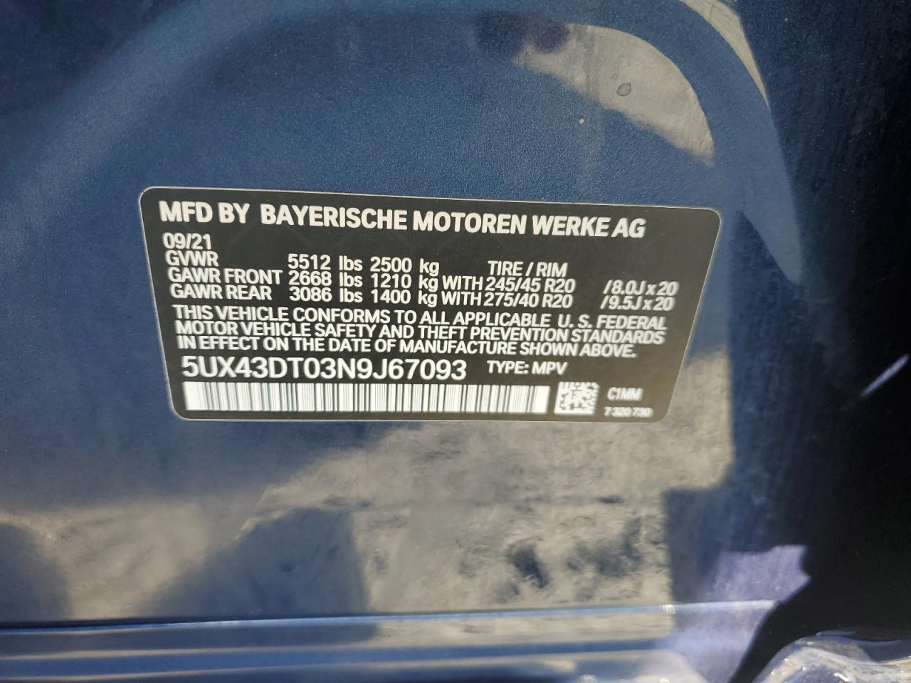 2022 BMW X4 M40I VIN:5UX43DT03N9J67093