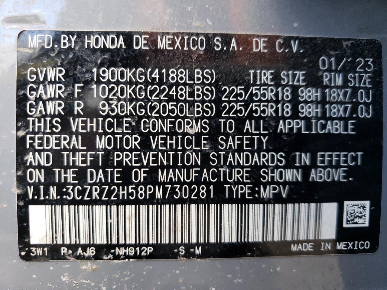 2023 HONDA HR-V SPORT VIN:3CZRZ2H58PM730281