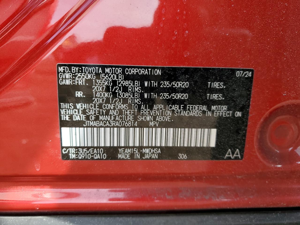 2024 TOYOTA BZ4X XLE VIN:JTMABACA3RA076814
