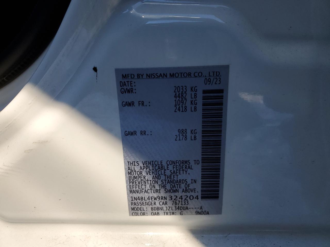 2024 NISSAN ALTIMA SL VIN:1N4BL4EW9RN324204