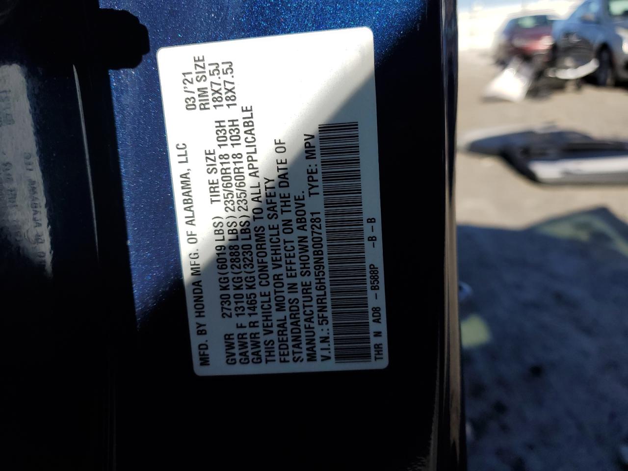 2022 HONDA ODYSSEY EX VIN:5FNRL6H59NB007281