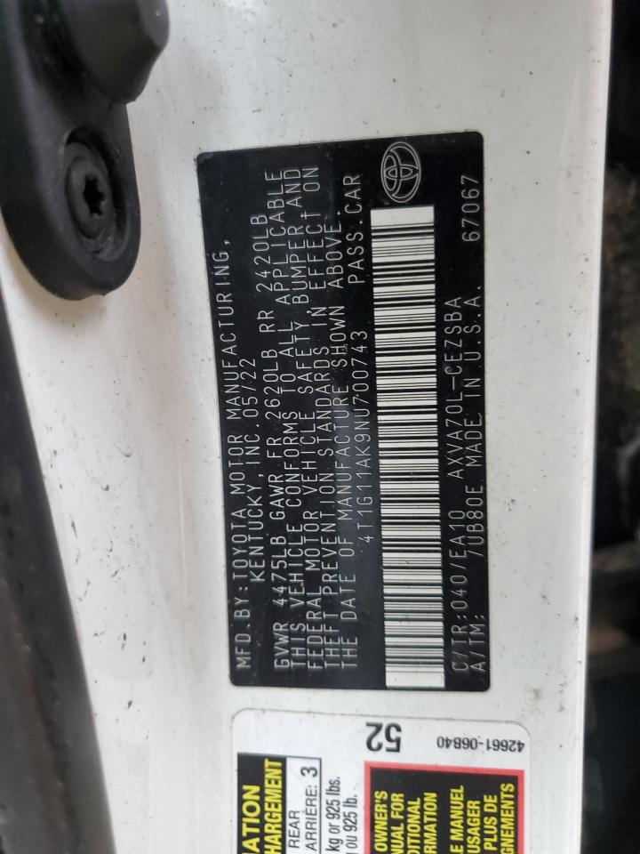 2022 TOYOTA CAMRY SE VIN:4T1G11AK9NU700743