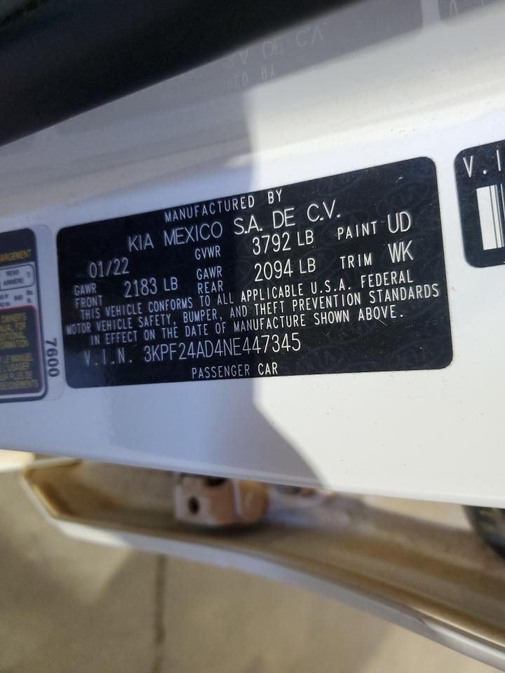 2022 KIA FORTE FE VIN:3KPF24AD4NE447345