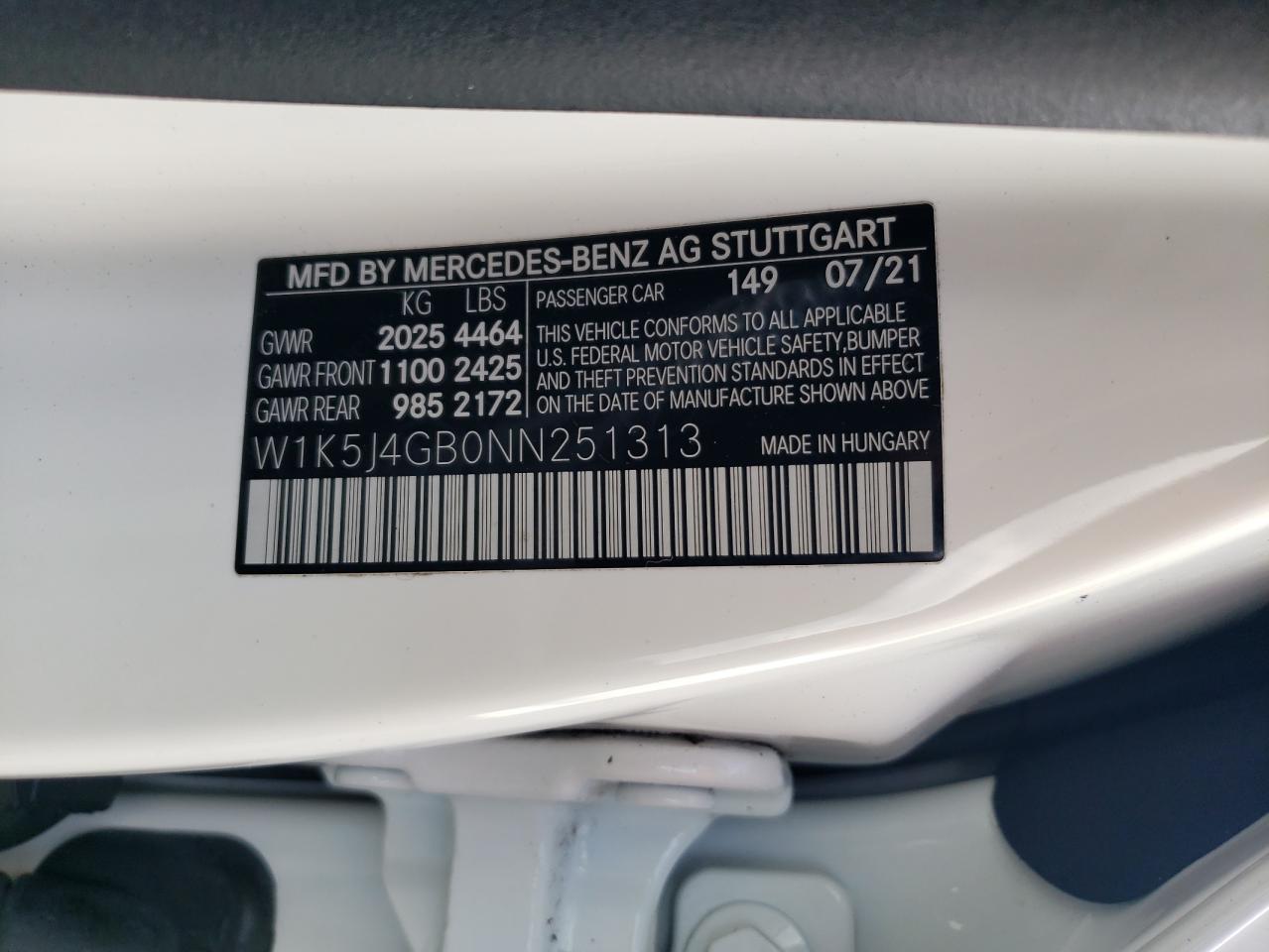 2022 MERCEDES-BENZ CLA 250 VIN:W1K5J4GB0NN251313