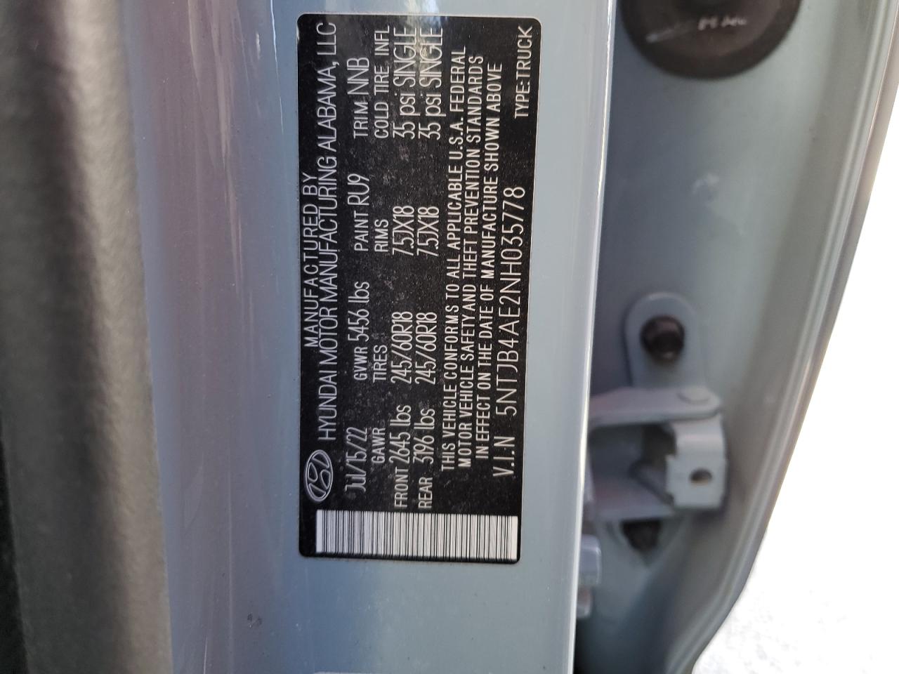2022 HYUNDAI SANTA CRUZ SEL VIN:5NTJB4AE2NH035778
