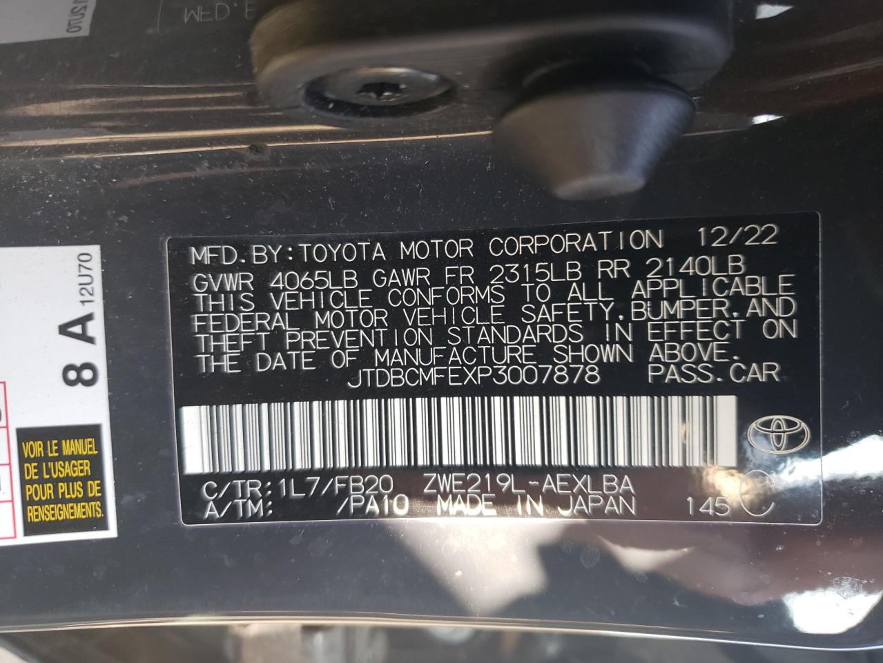 2023 TOYOTA COROLLA LE VIN:JTDBCMFEXP3007878