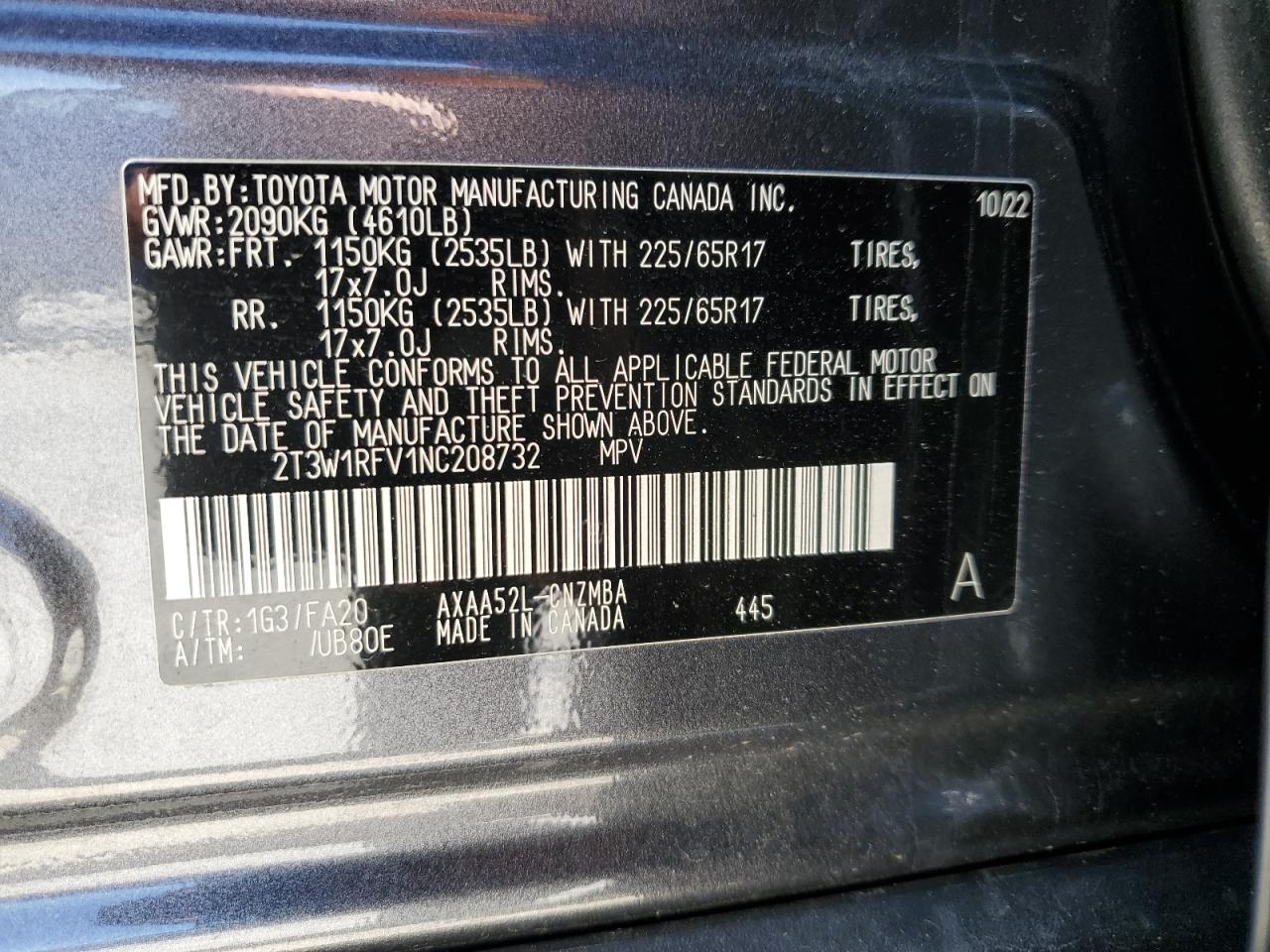 2022 TOYOTA RAV4 XLE VIN:2T3W1RFV1NC208732