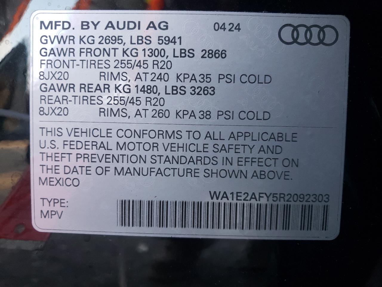 2024 AUDI Q5 E PREMIUM PLUS 55 VIN:WA1E2AFY5R2092303