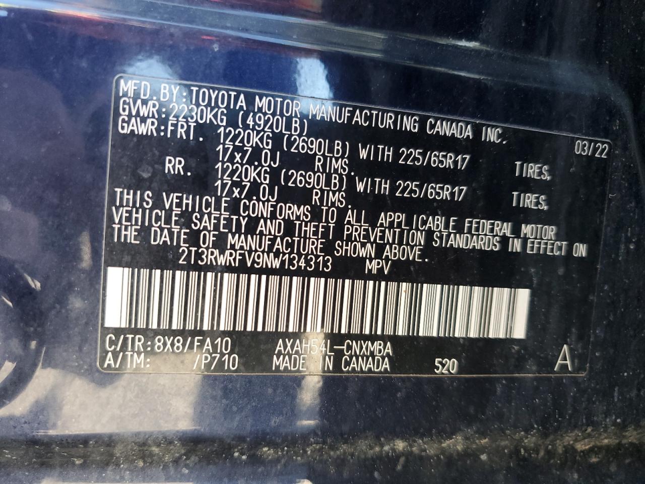 2022 TOYOTA RAV4 XLE VIN:2T3RWRFV9NW134313