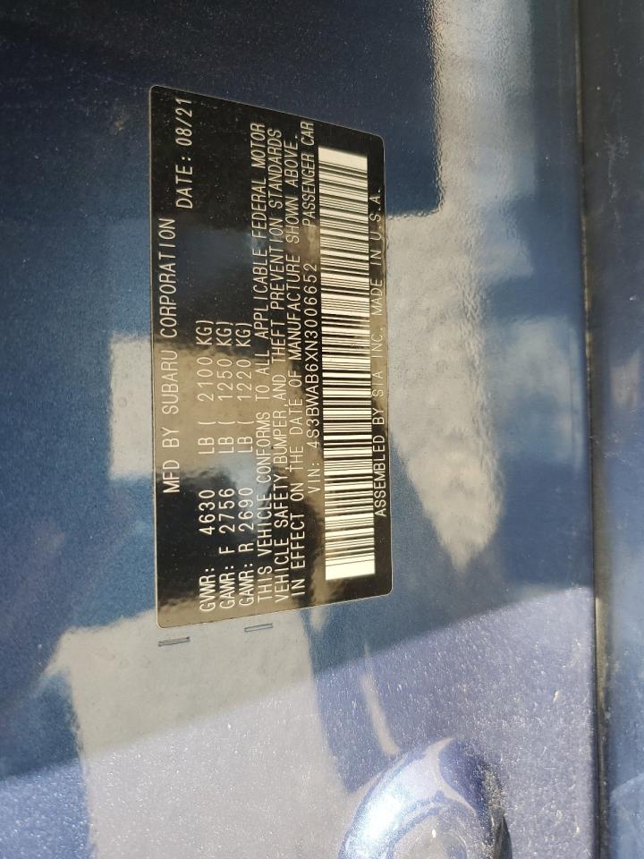 2022 SUBARU LEGACY VIN:4S3BWAB6XN3006652