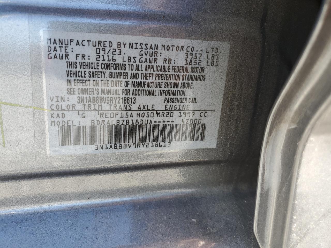 2024 NISSAN SENTRA S VIN:3N1AB8BV9RY218613