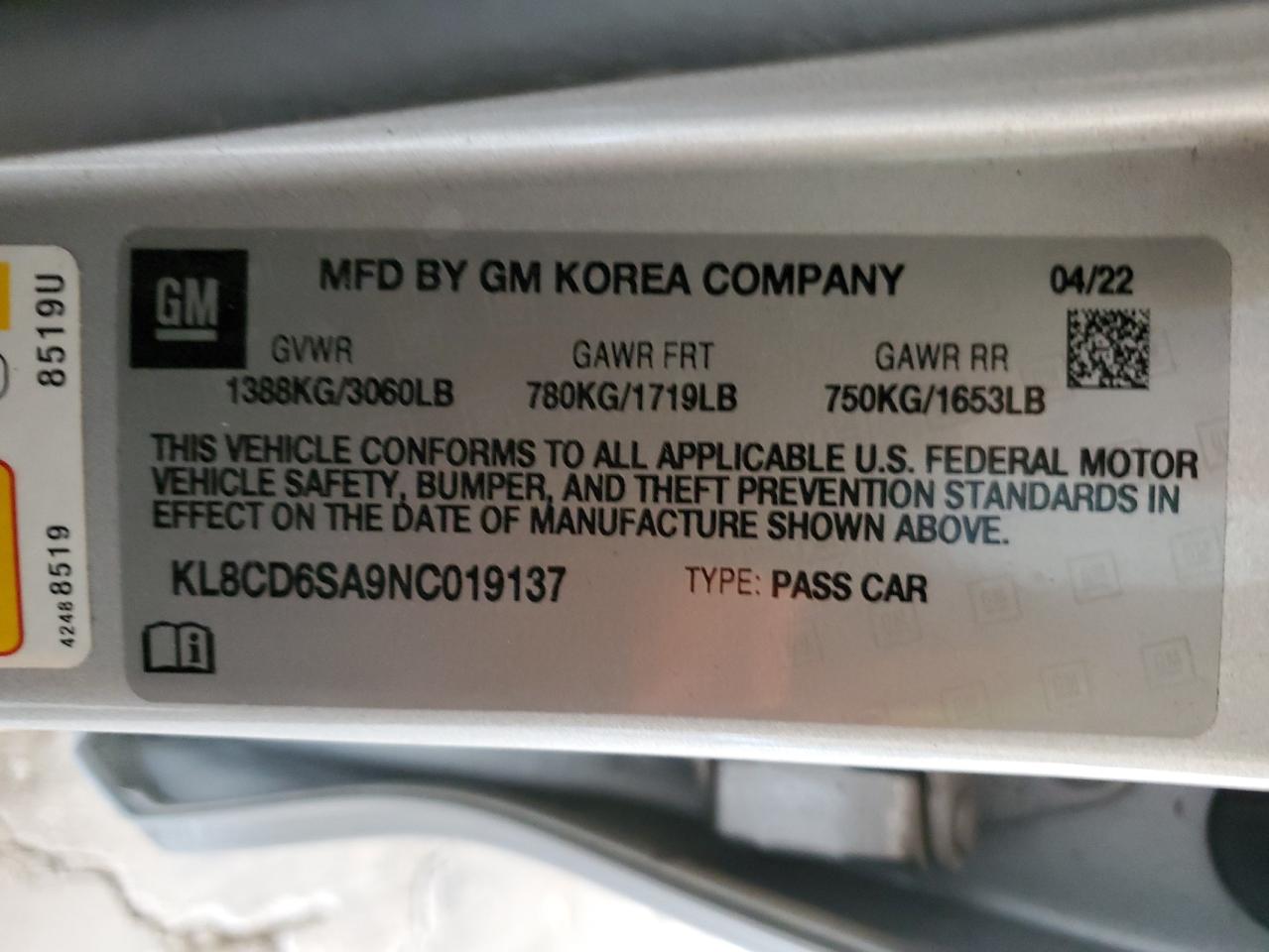 2022 CHEVROLET SPARK 1LT VIN:KL8CD6SA9NC019137