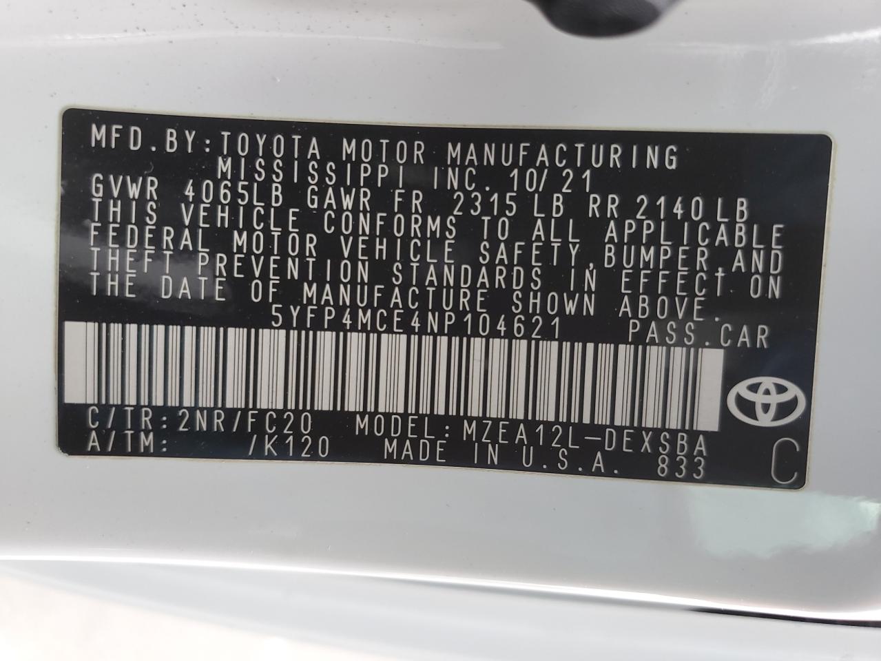 2022 TOYOTA COROLLA SE VIN:5YFP4MCE4NP104621