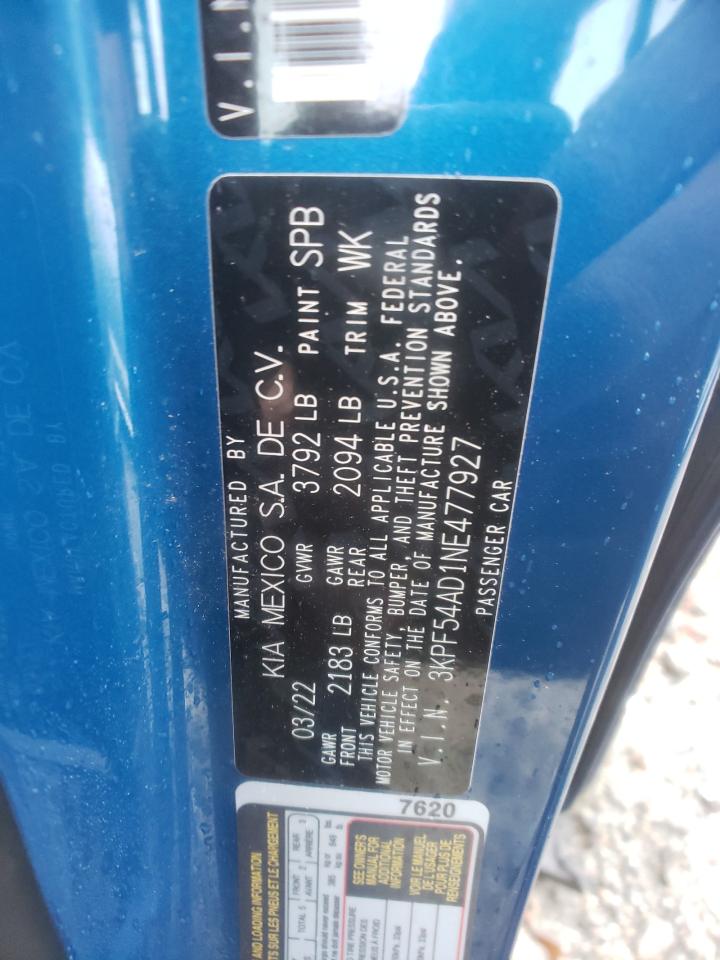 2022 KIA FORTE GT LINE VIN:3KPF54AD1NE477927