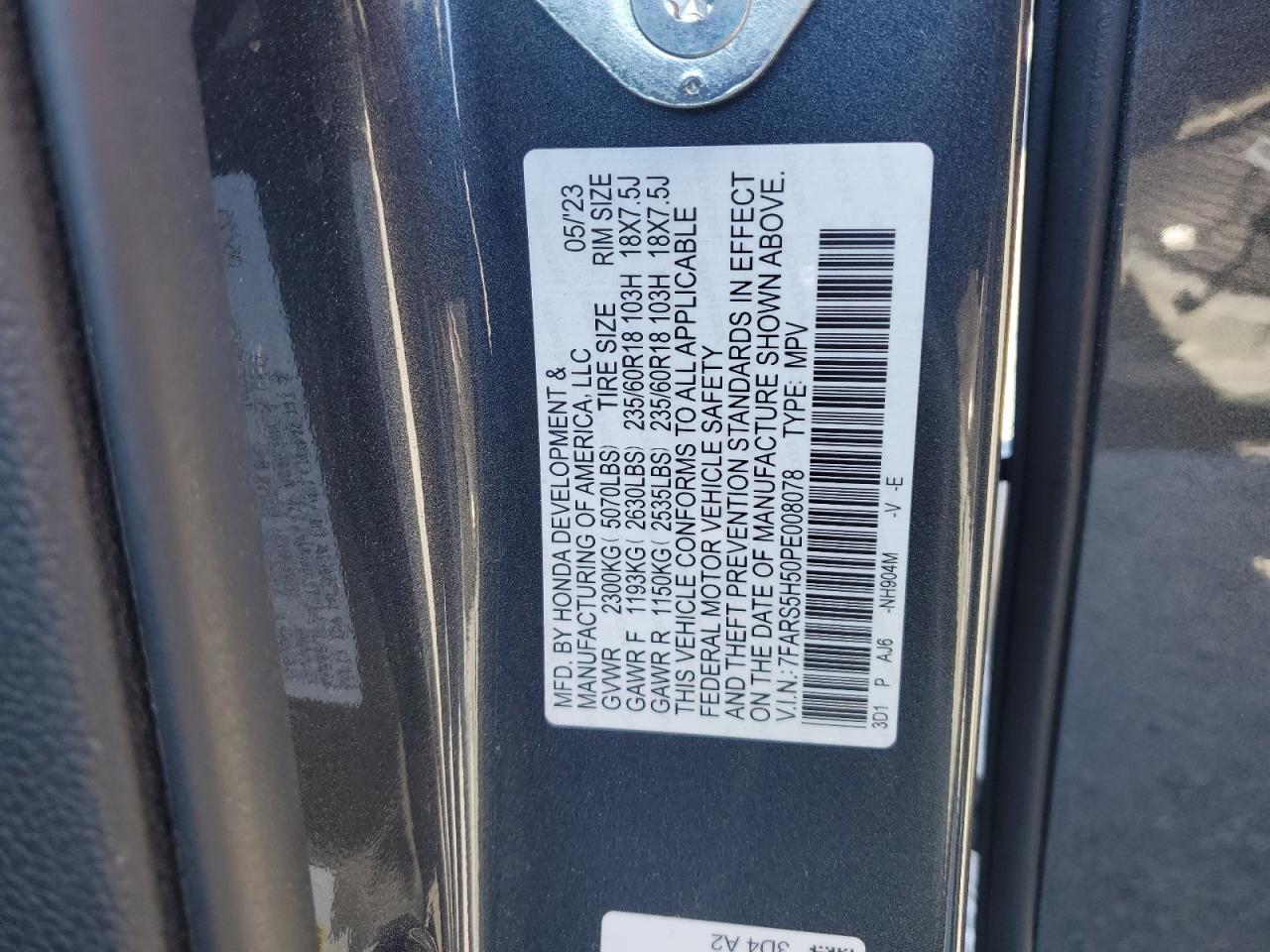 2023 HONDA CR-V SPORT VIN:7FARS5H50PE008078