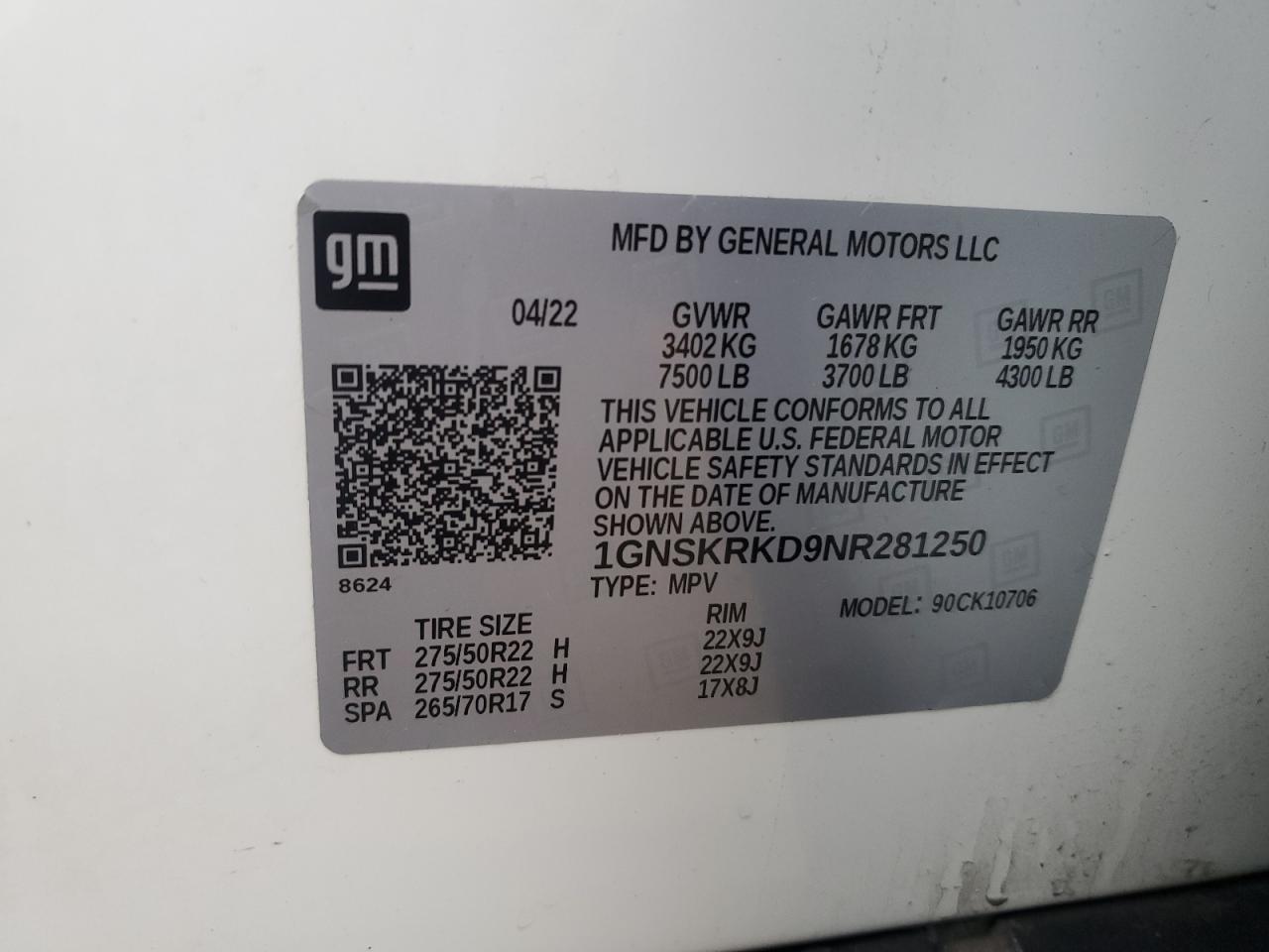 2022 CHEVROLET TAHOE K1500 RST VIN:1GNSKRKD9NR281250