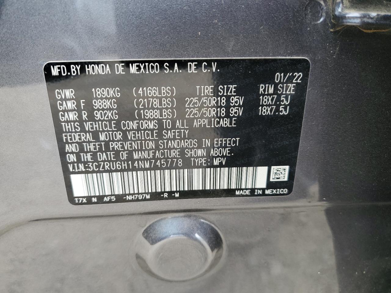 2022 HONDA HR-V SPORT VIN:3CZRU6H14NM745778