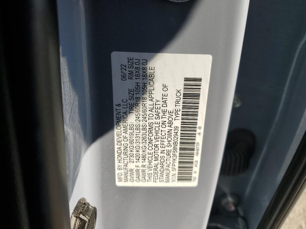 2022 HONDA RIDGELINE RTL VIN:5FPYK3F58NB029439