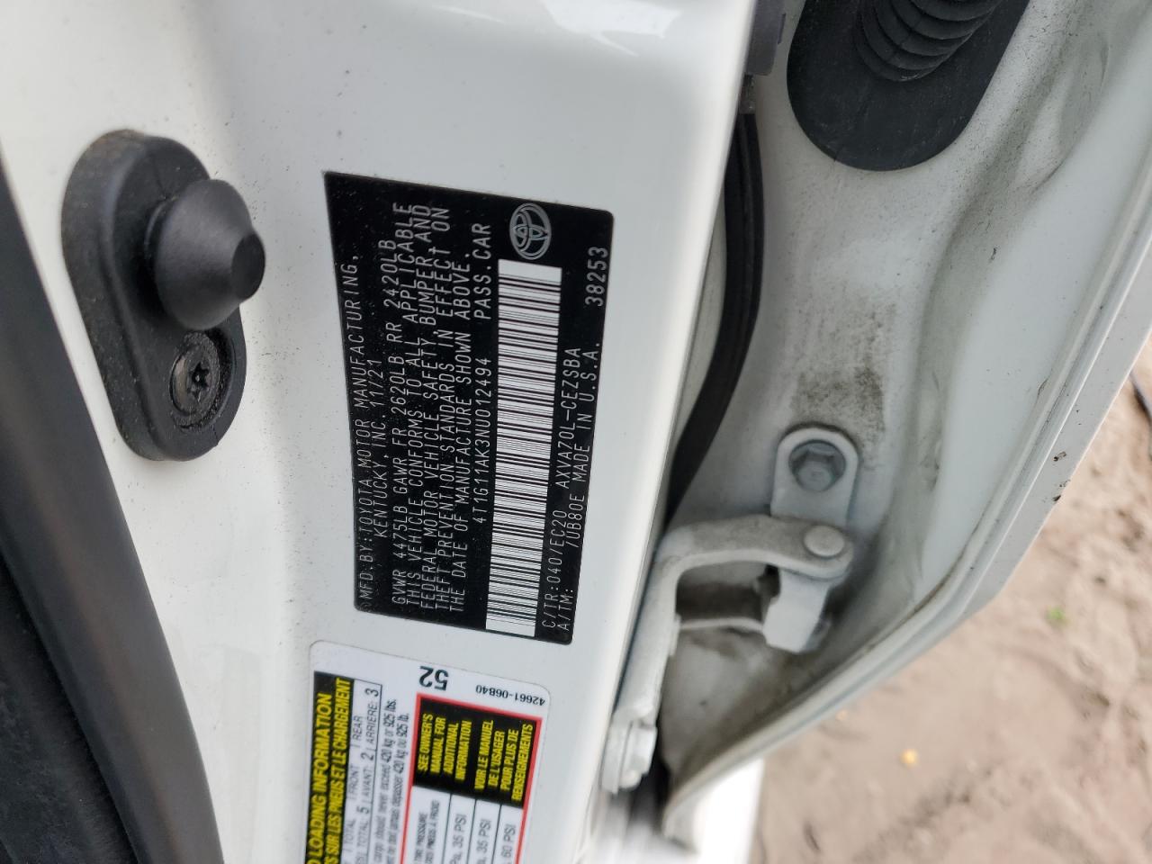 2022 TOYOTA CAMRY SE VIN:4T1G11AK3NU012494