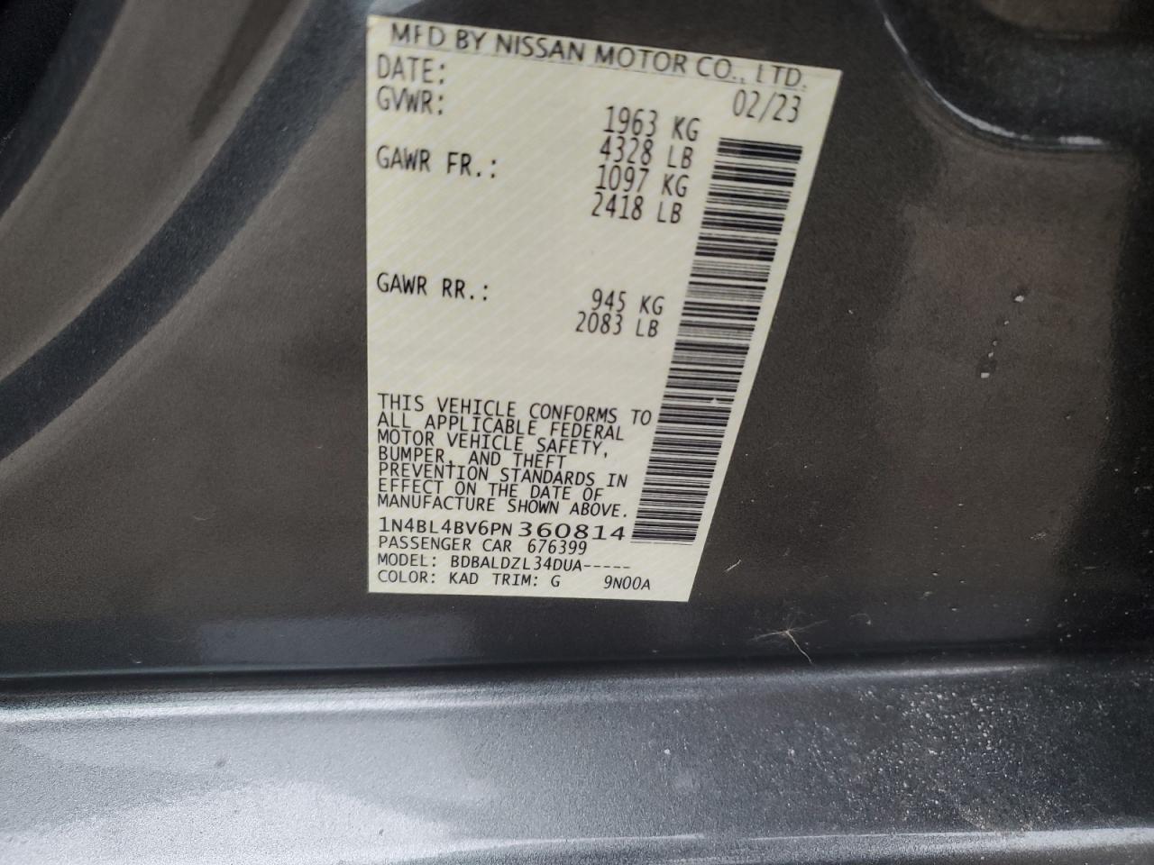 2023 NISSAN ALTIMA S VIN:1N4BL4BV6PN360814