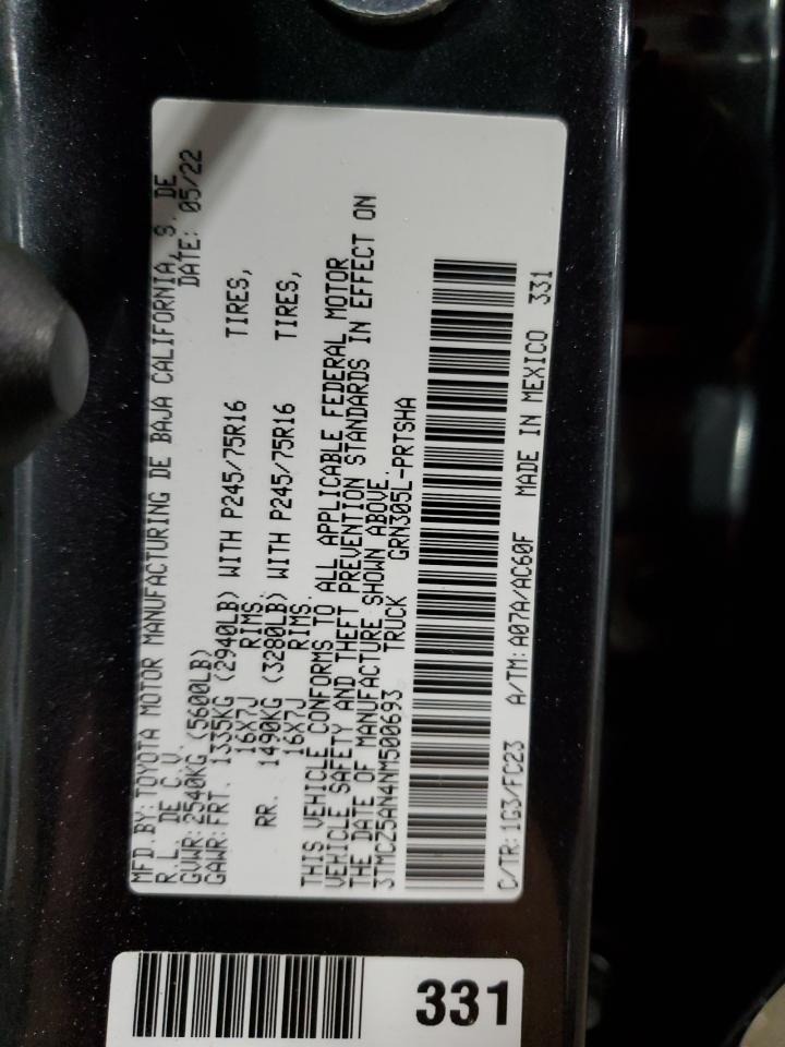 2022 TOYOTA TACOMA DOUBLE CAB VIN:3TMCZ5AN4NM500693