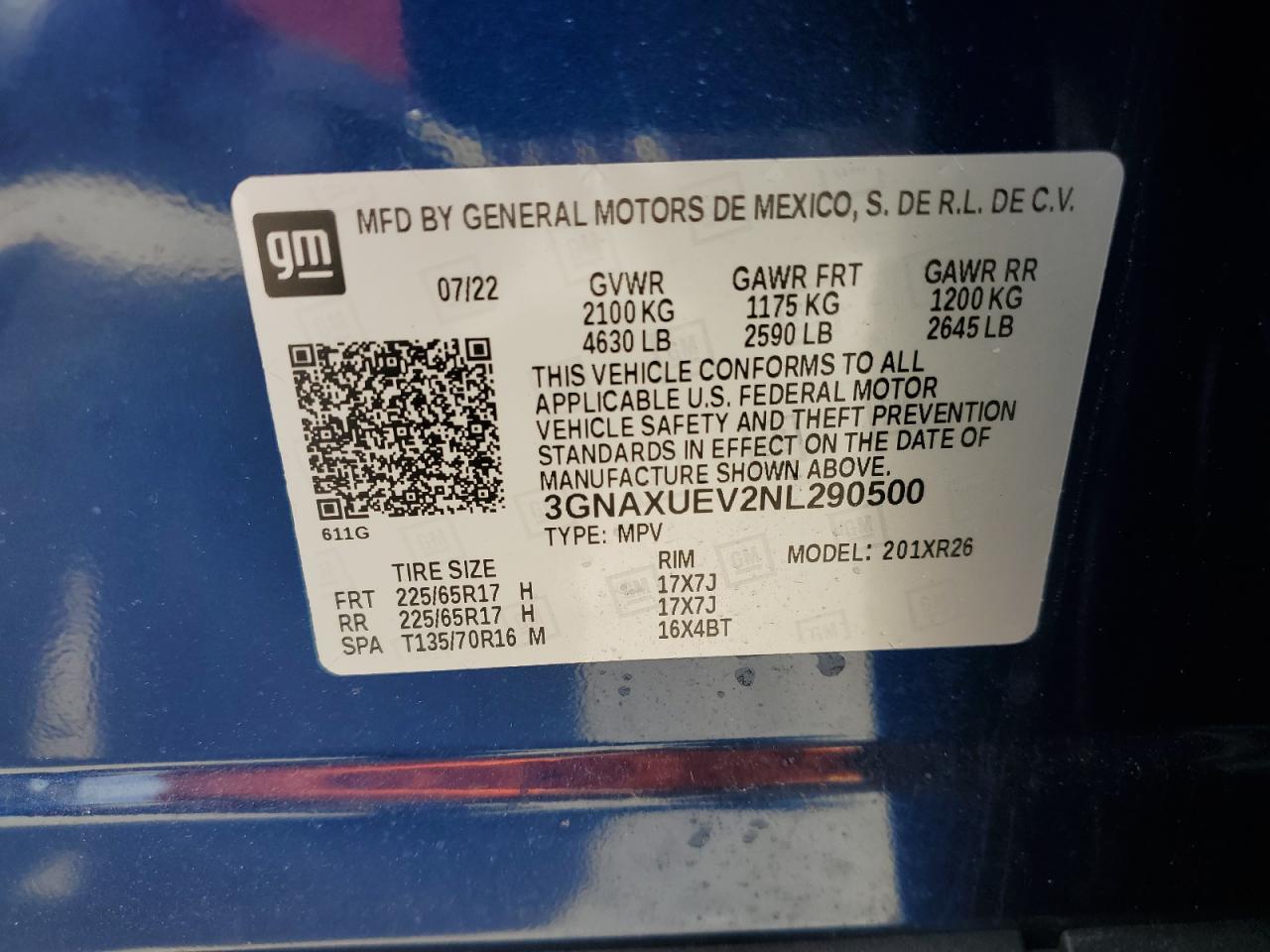 2022 CHEVROLET EQUINOX LT VIN:3GNAXUEV2NL290500