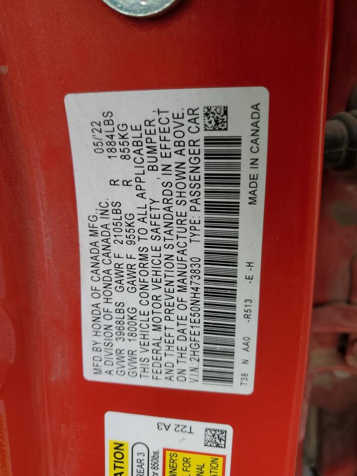 2022 HONDA CIVIC SI VIN:2HGFE1E50NH473830