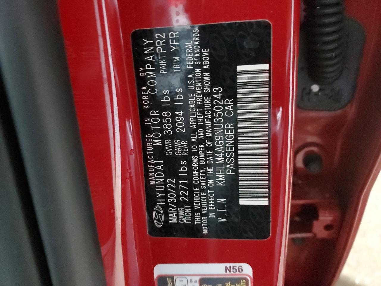 2022 HYUNDAI ELANTRA SEL VIN:KMHLM4AG9NU350243