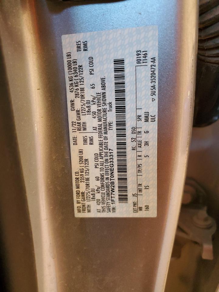 2022 FORD F250 SUPER DUTY VIN:1FT7W2BT0NEG33317